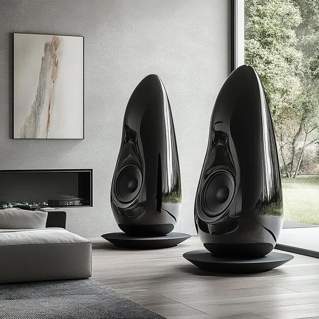 Salón luminoso con dos altavoces de suelo, imagen ilustrativa