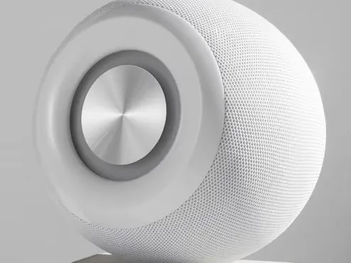 Altavoz esférico compacto sobre un bloque, imagen ilustrativa