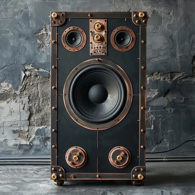 Altavoz de estantería de estilo clásico junto a una pared de piedra, imagen ilustrativa